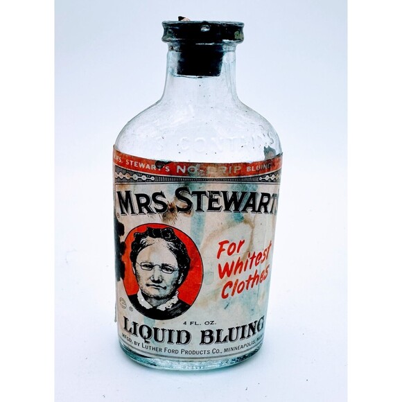 Antique Mrs. Stewart's Liquid Bluing Bottle No-Drip Cap Broken Cork Vintage - Picture 1 of 10